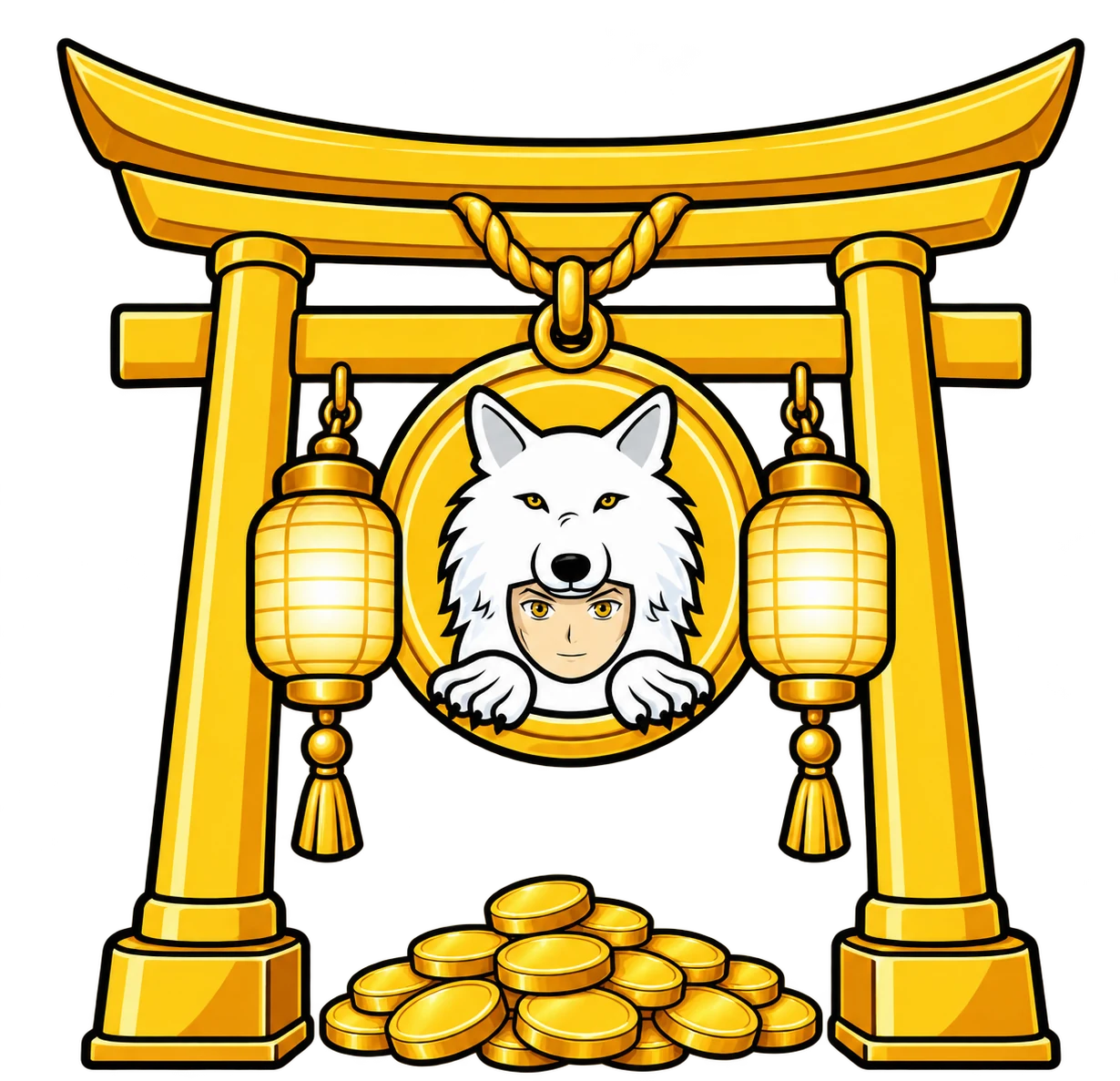 A golden shrine gate with the Saitama Inu wolf emblem